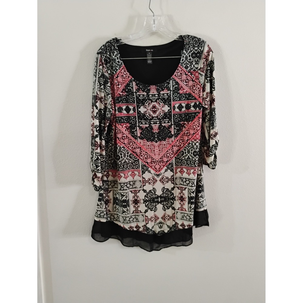 Style & Co Womens Pink Black Medallion Print 3/4 Sleeve Chiffon Hem Tunic Top M